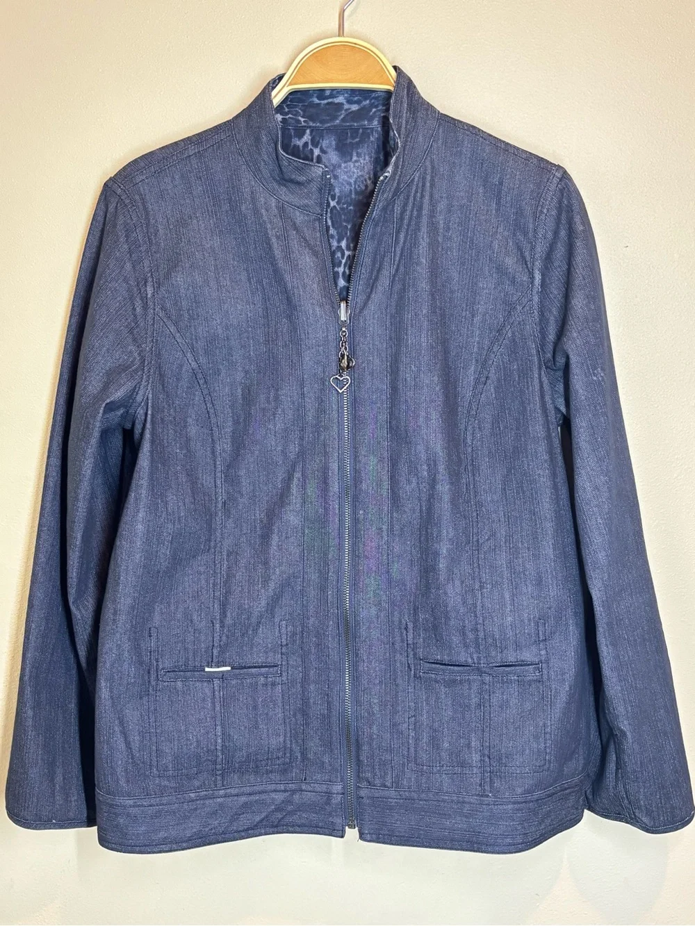 Susan Graver Reversible Stretch Denim Blue Animal-Print Zip-Up Jacket, Small